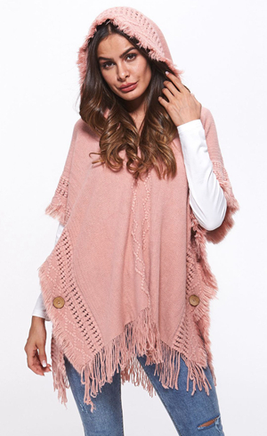 SZ60179-2 Ladies Women Knitting Crochet Pink Hooded Short Sleeve Sweaters Shawl